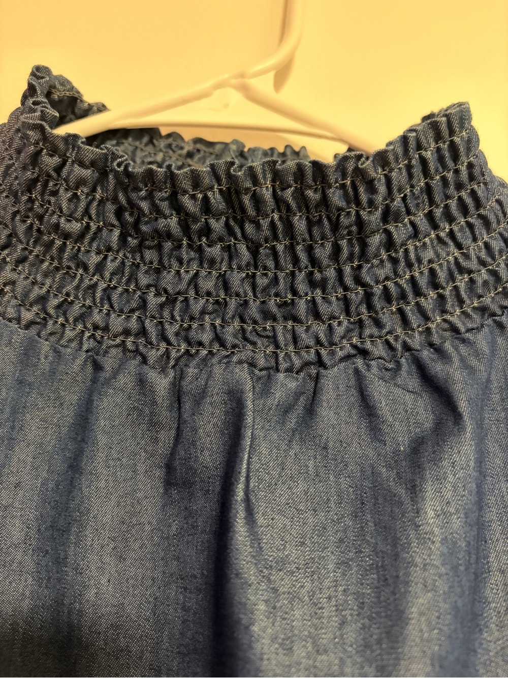 Ashley Stewart Denim Peplum Top Smocked Neck Puff Sleeves Blue Size 12/16 - Picture 5 of 12